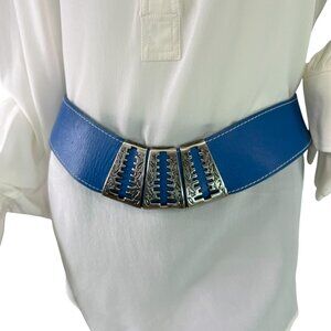 Vintage 80s Blue Leather Wide Statement Waist Belt with Metal Detail Size M/L